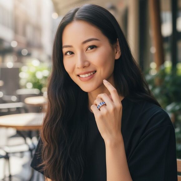 WOMEN’S BLUE MARQUISE GEMSTONE RING – SILVER BAND WITH CLEAR ACCENTS, SIZE 7.5 - Picture 5 of 17